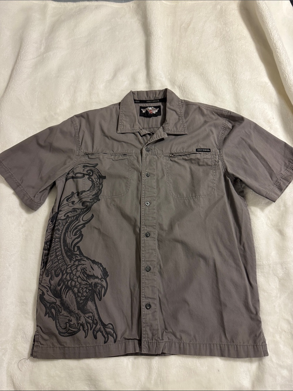 Men's Vintage 90s Harley  Davidson Short-Sleeve Shirt with Graphic Eagle Gray, L